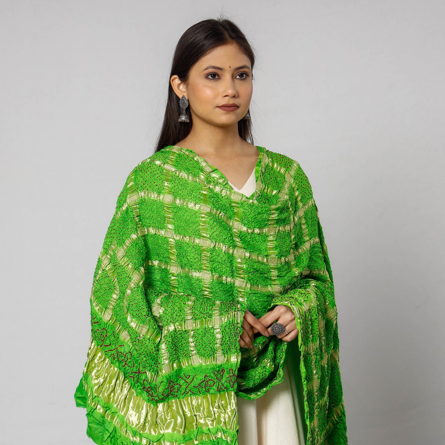 Kutch Bandhani Tie-Dye Zari Checks Modal Silk Dupatta