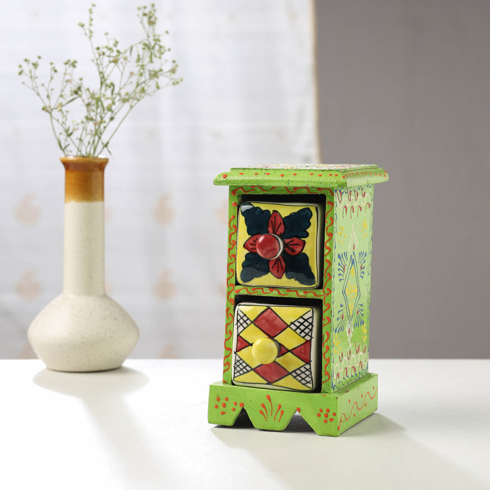 Neem Wood Hand Painted Blue Pottery Ceramic Double Drawer