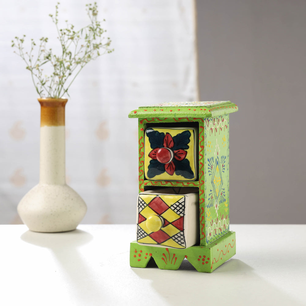Neem Wood Hand Painted Blue Pottery Ceramic Double Drawer