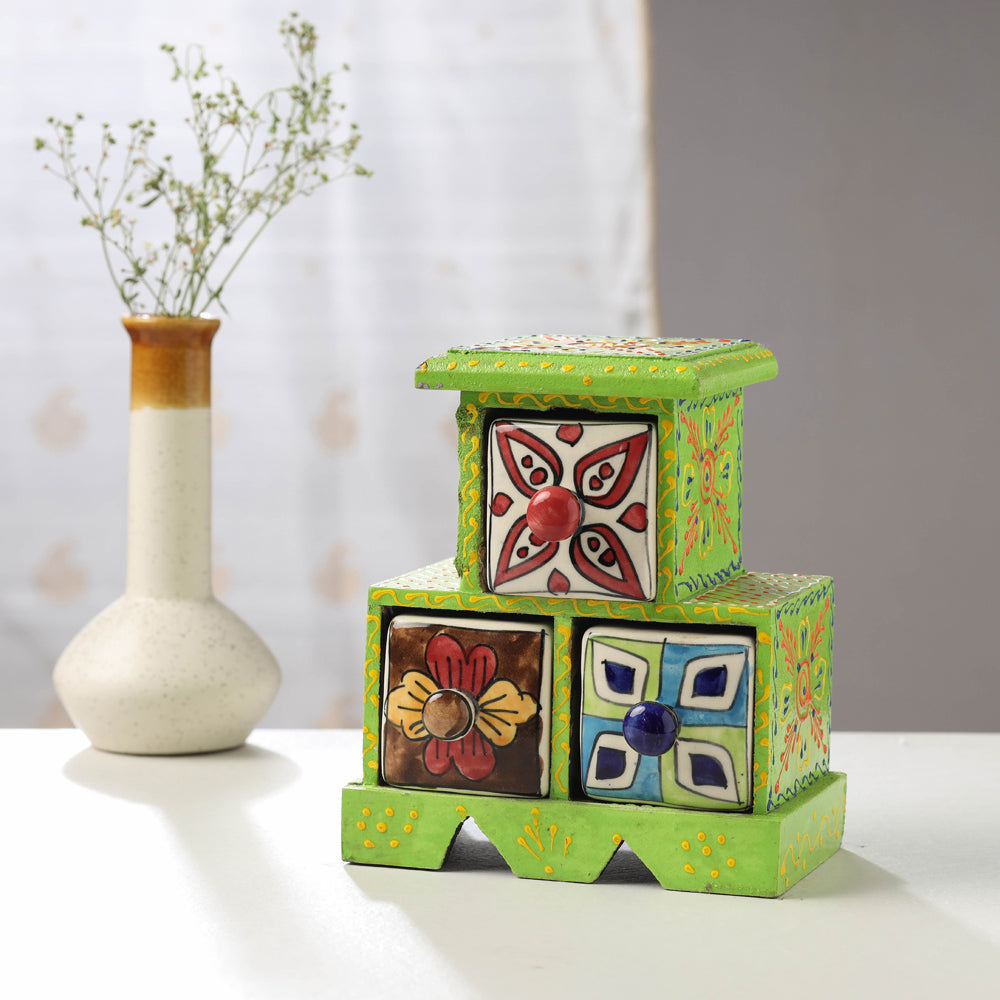 Neem Wood Hand Painted Blue Pottery Ceramic Triple Drawer