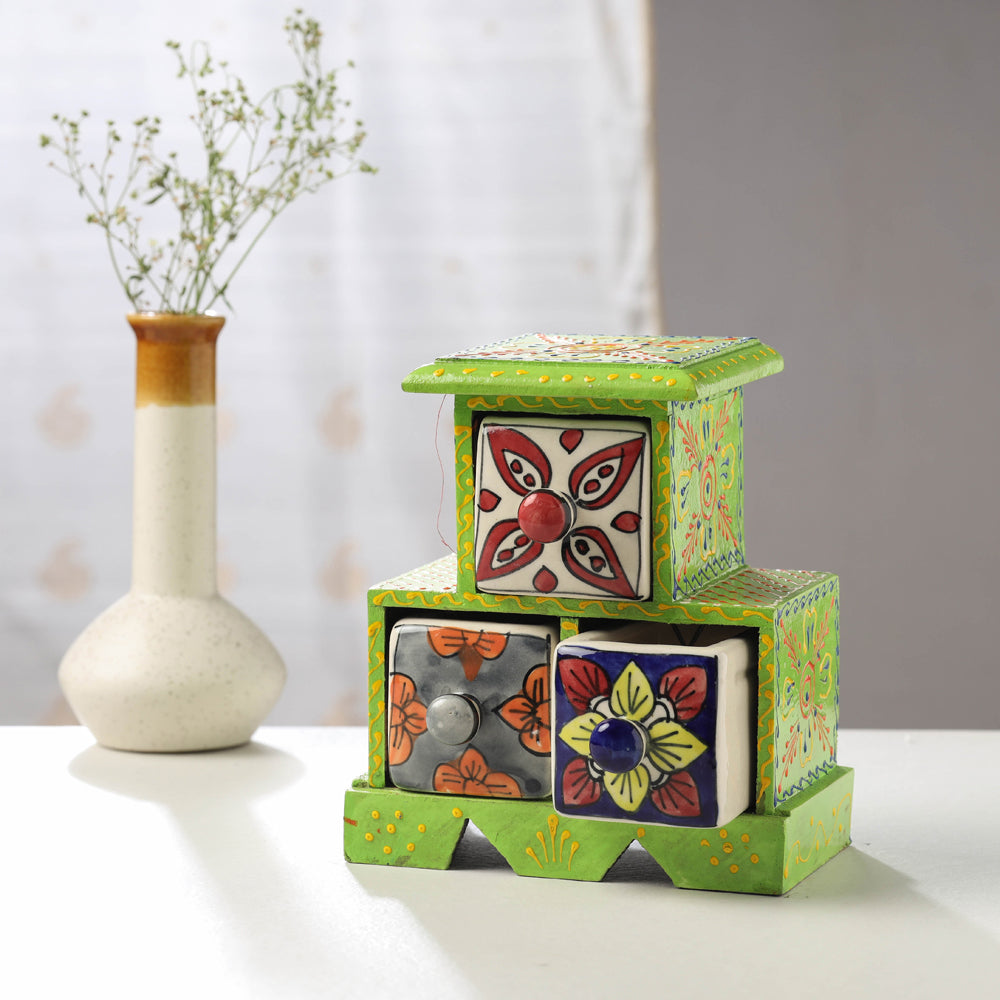 Neem Wood Hand Painted Blue Pottery Ceramic Triple Drawer