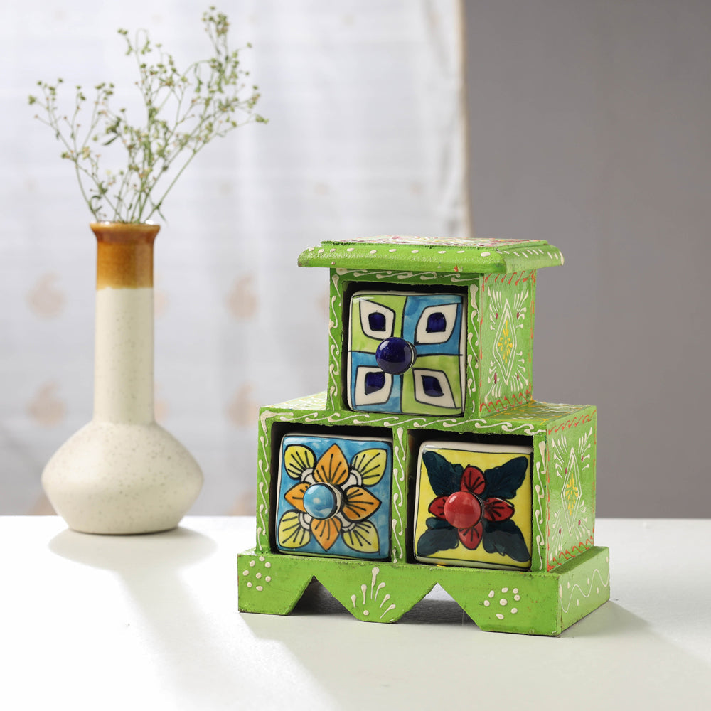 Buy Neem Wood Hand Painted Blue Pottery Ceramic Triple Drawer Online at iTokri.com