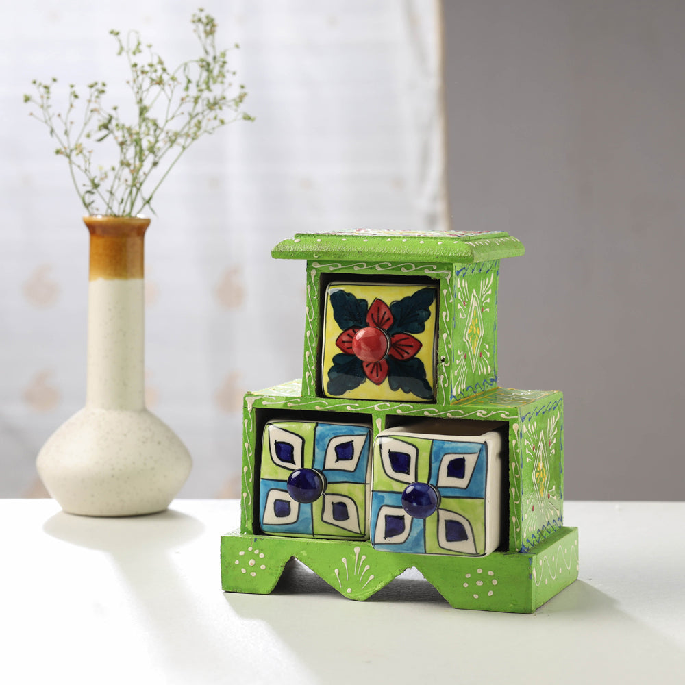 Neem Wood Hand Painted Blue Pottery Ceramic Triple Drawer