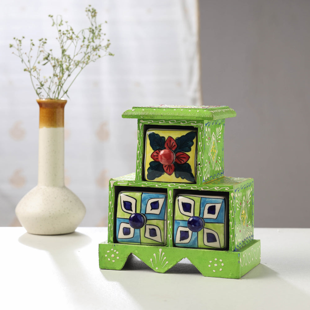 Neem Wood Hand Painted Blue Pottery Ceramic Triple Drawer