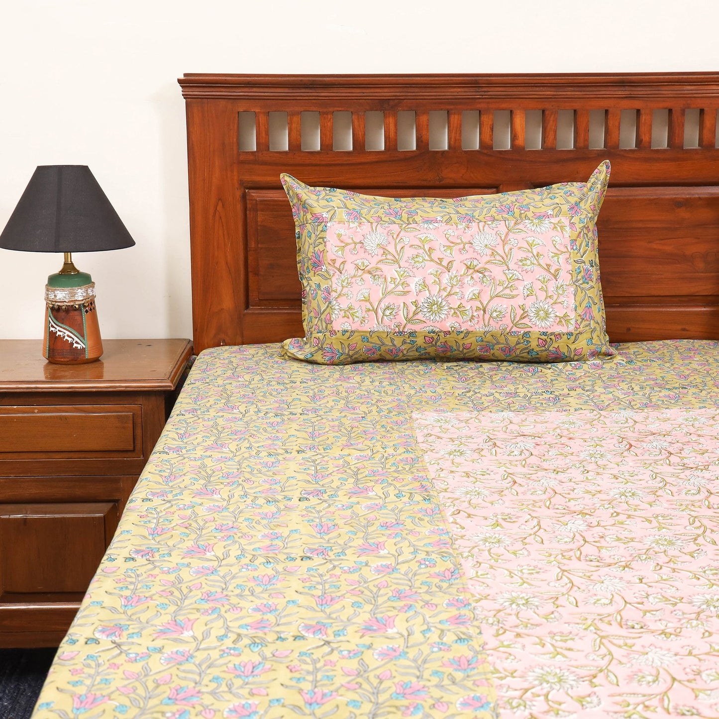 Patchwork hand double sanganeri bedsheet set (108 x 90 in)