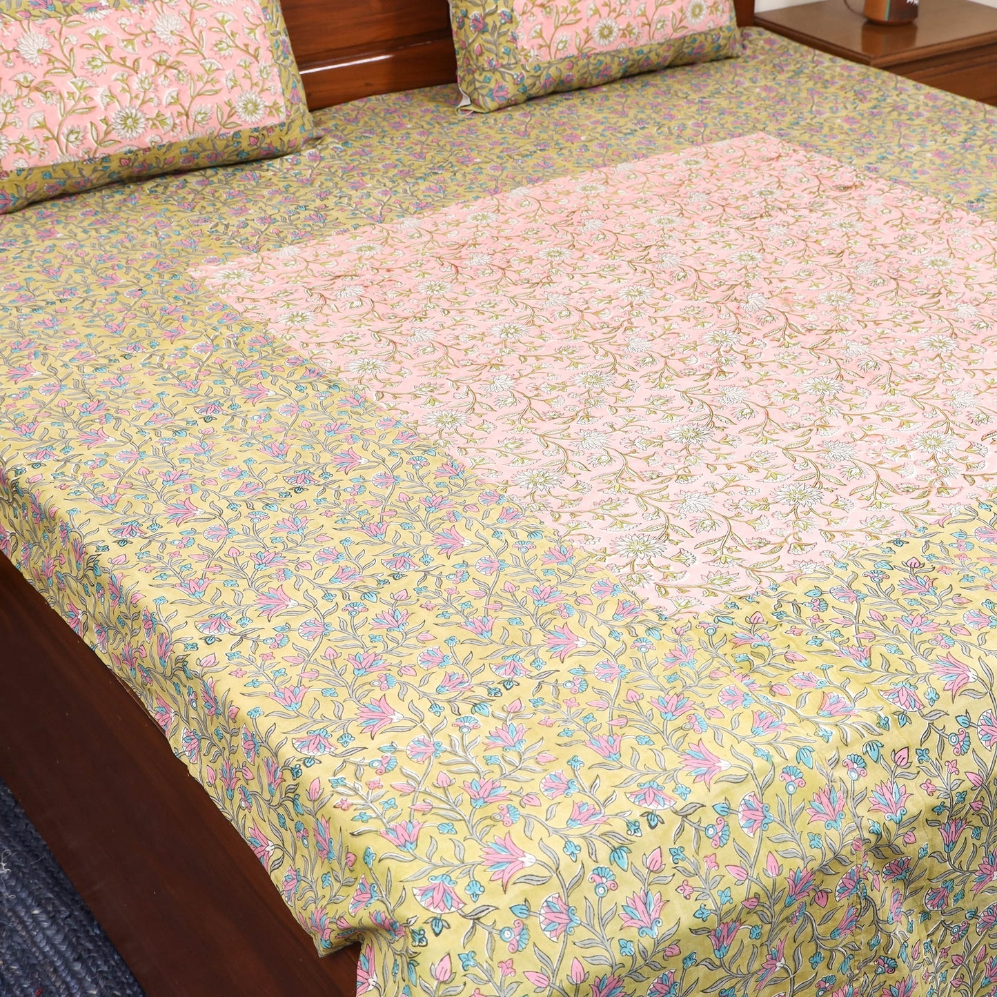 Patchwork hand double sanganeri bedsheet set (108 x 90 in)