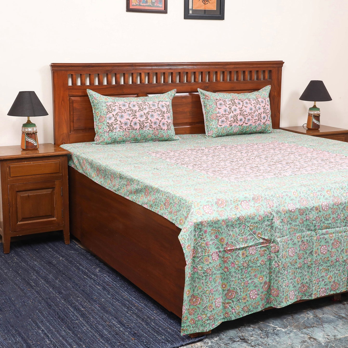 Patchwork hand double sanganeri bedsheet set (108 x 90 in)