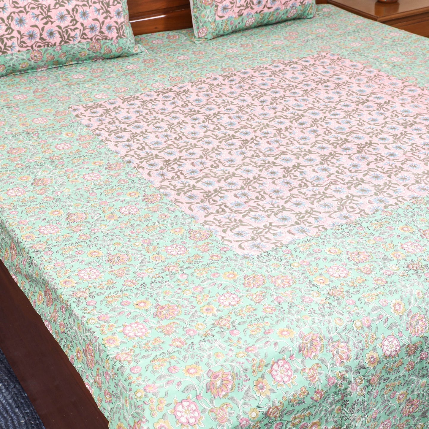 Patchwork hand double sanganeri bedsheet set (108 x 90 in)