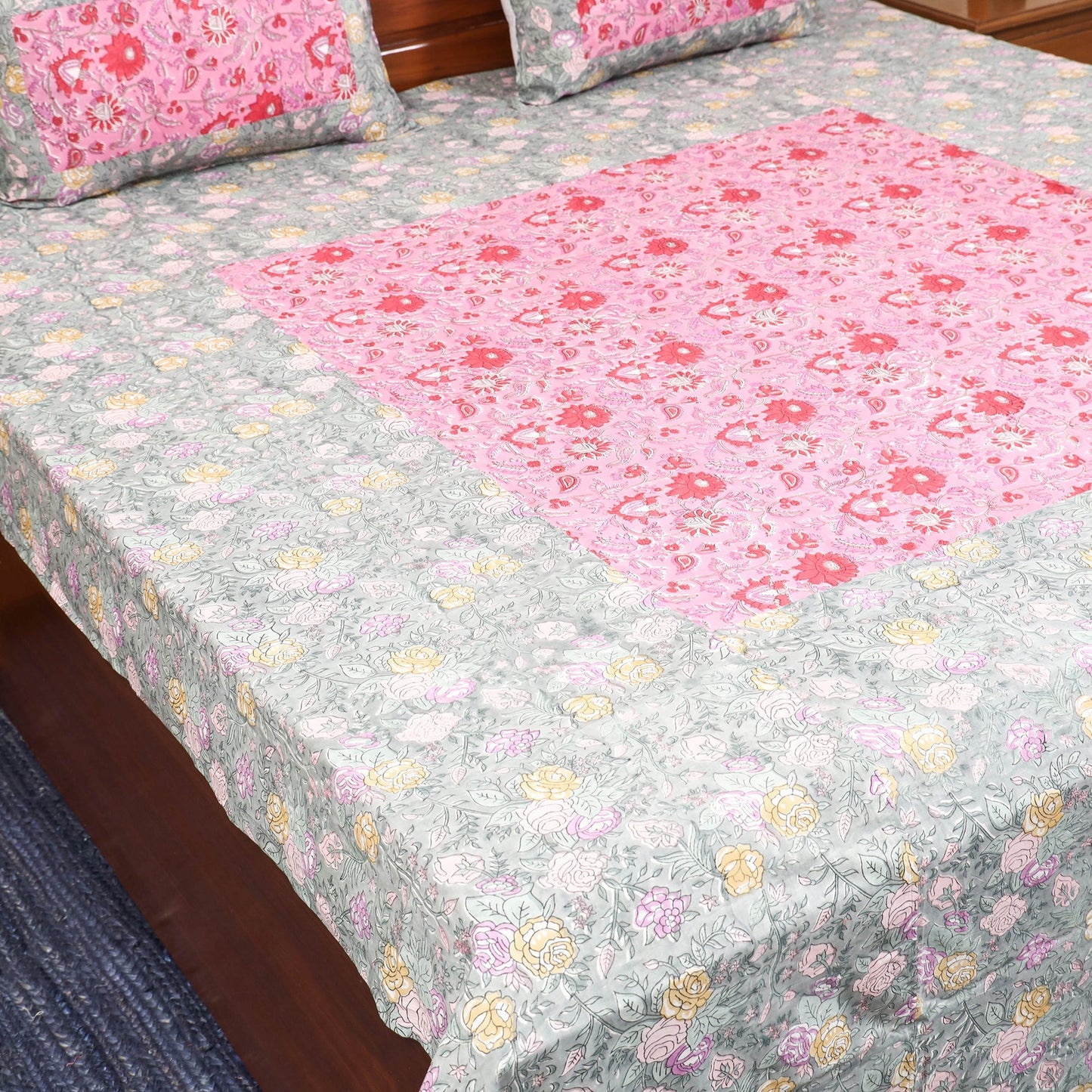 Patchwork hand double sanganeri bedsheet set (108 x 90 in)
