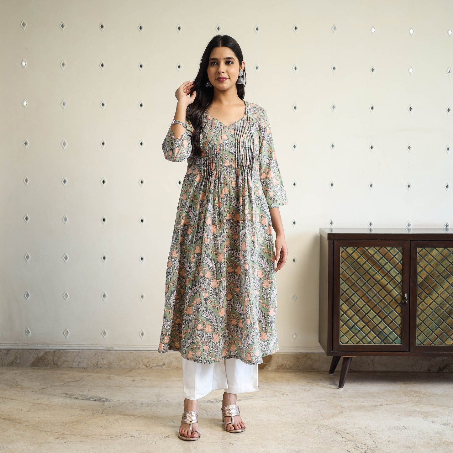 Green Pintuck Flared Cotton Block Print Sanganeri Kurta