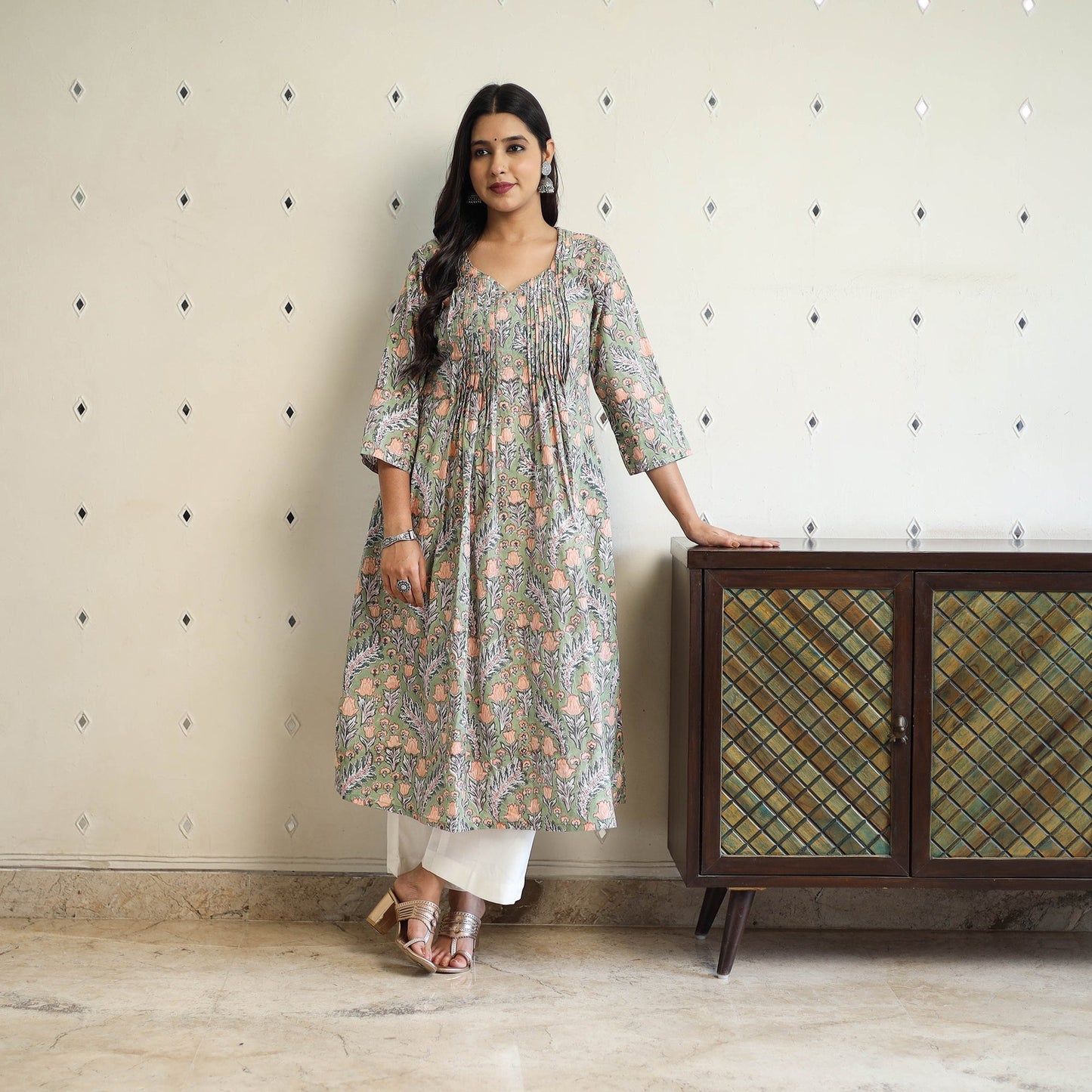 Green Pintuck Flared Cotton Block Print Sanganeri Kurta