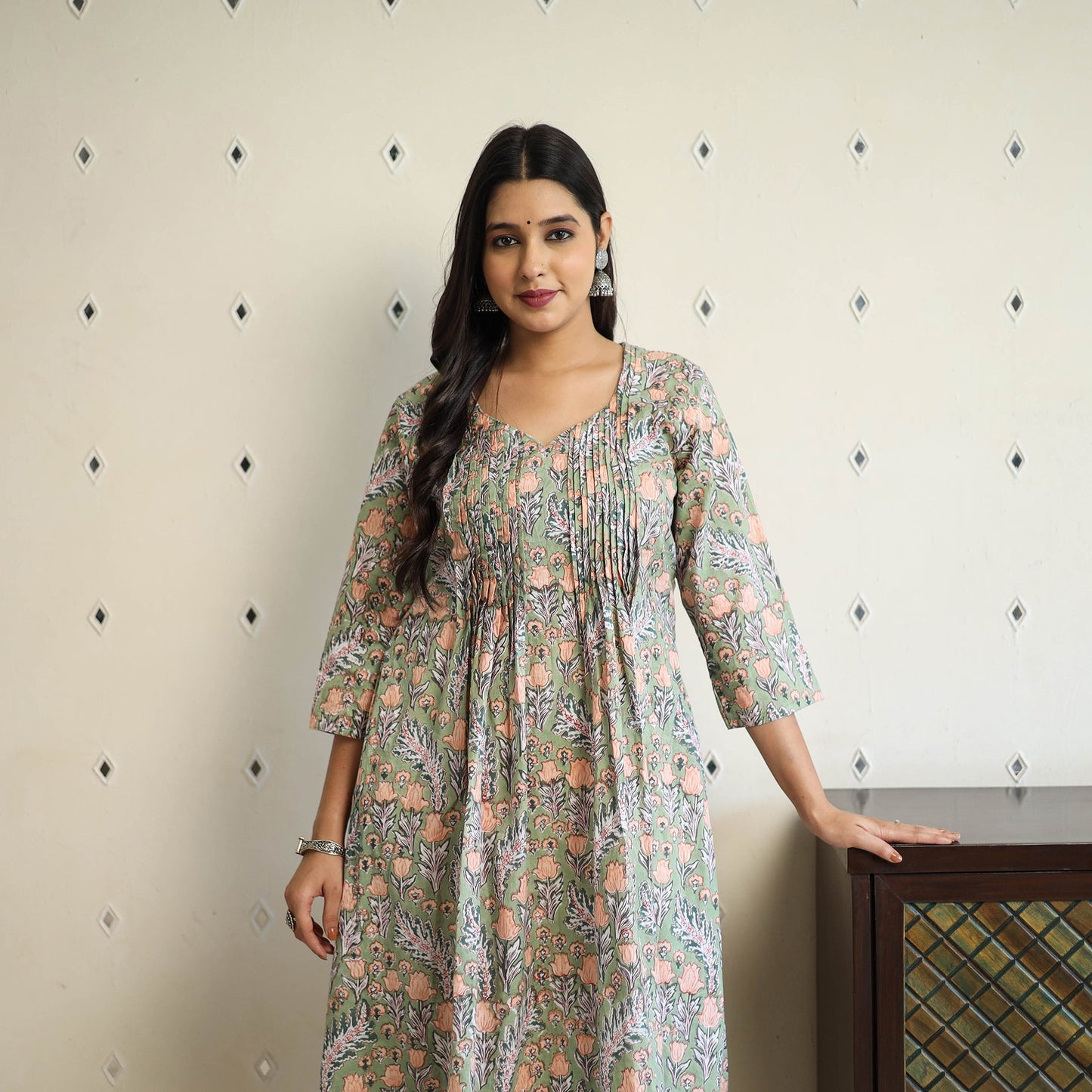 Green Pintuck Flared Cotton Block Print Sanganeri Kurta