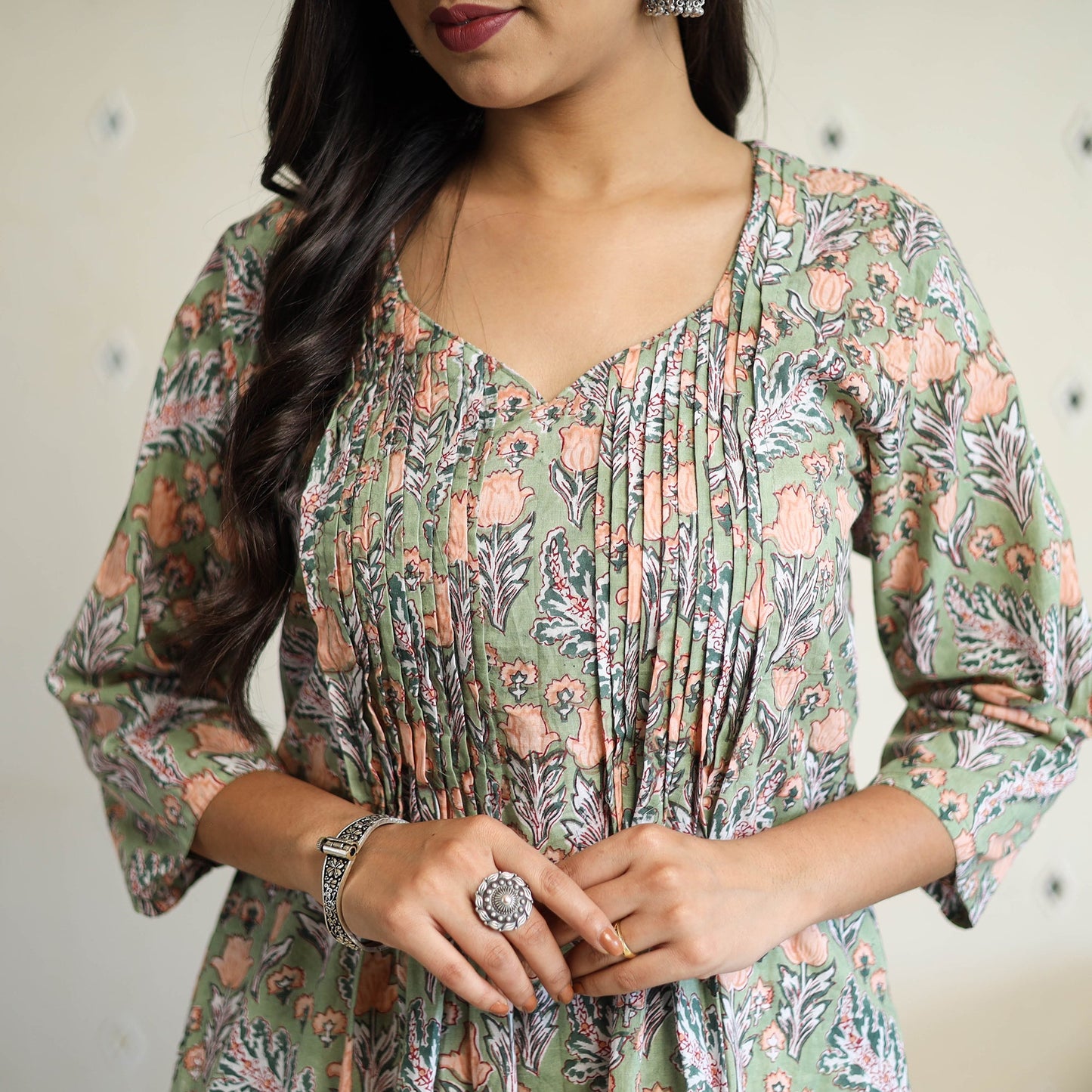 Green Pintuck Flared Cotton Block Print Sanganeri Kurta