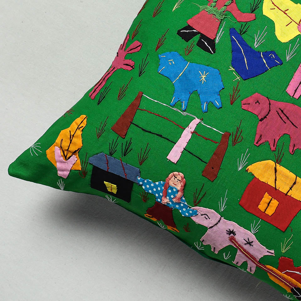 Green Pipli Applique Work Cotton Cushion Cover