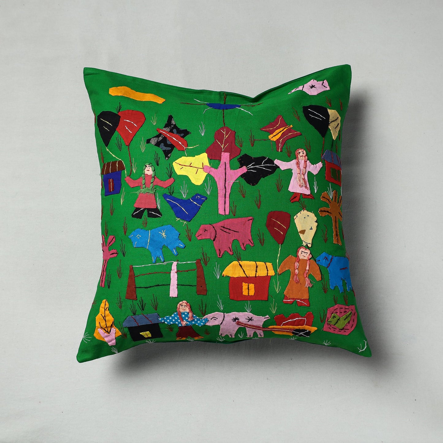 Green Pipli Applique Work Cotton Cushion Cover