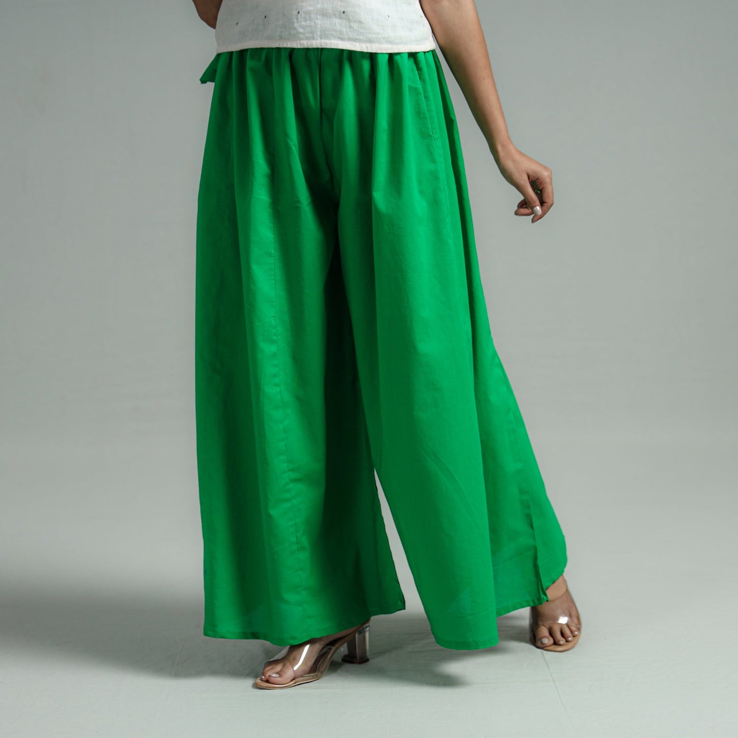 Buy Green - Plain Dyed Cotton Flared Palazzo Online