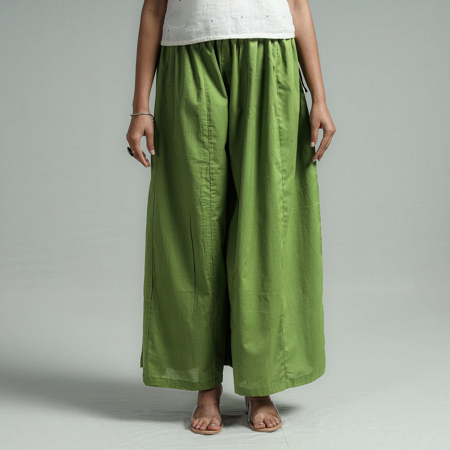 Green Plain Dyed Cotton Flared Palazzo Online at iTokri