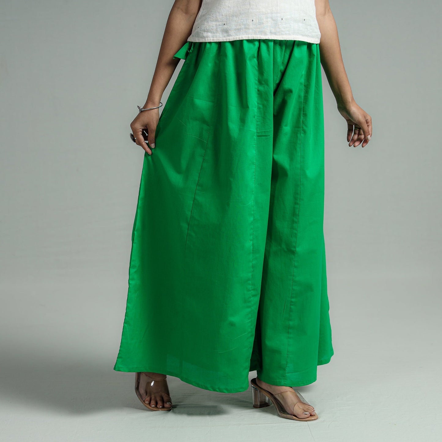 Buy Green - Plain Dyed Cotton Flared Palazzo Online
