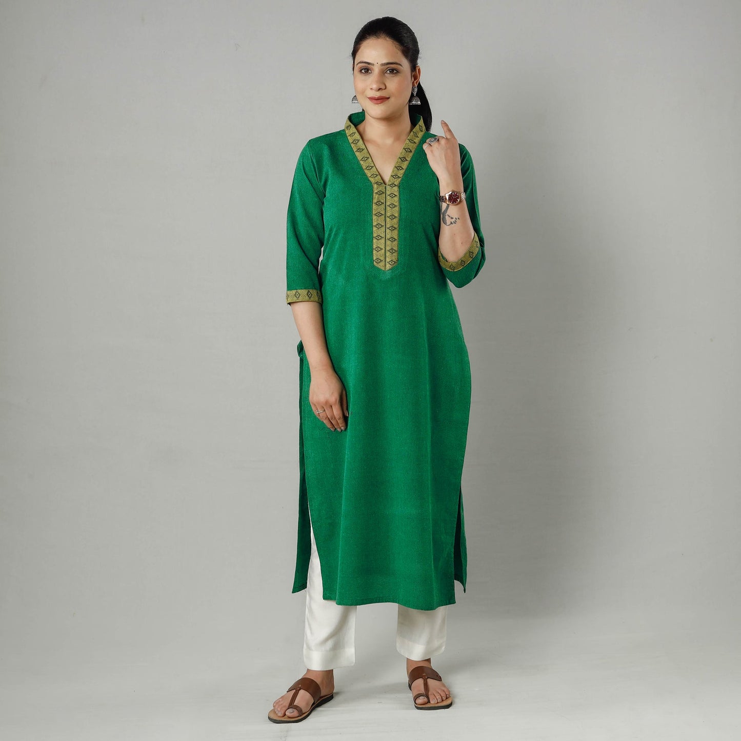 Plain Jhiri Handloom Cotton Long Kurta