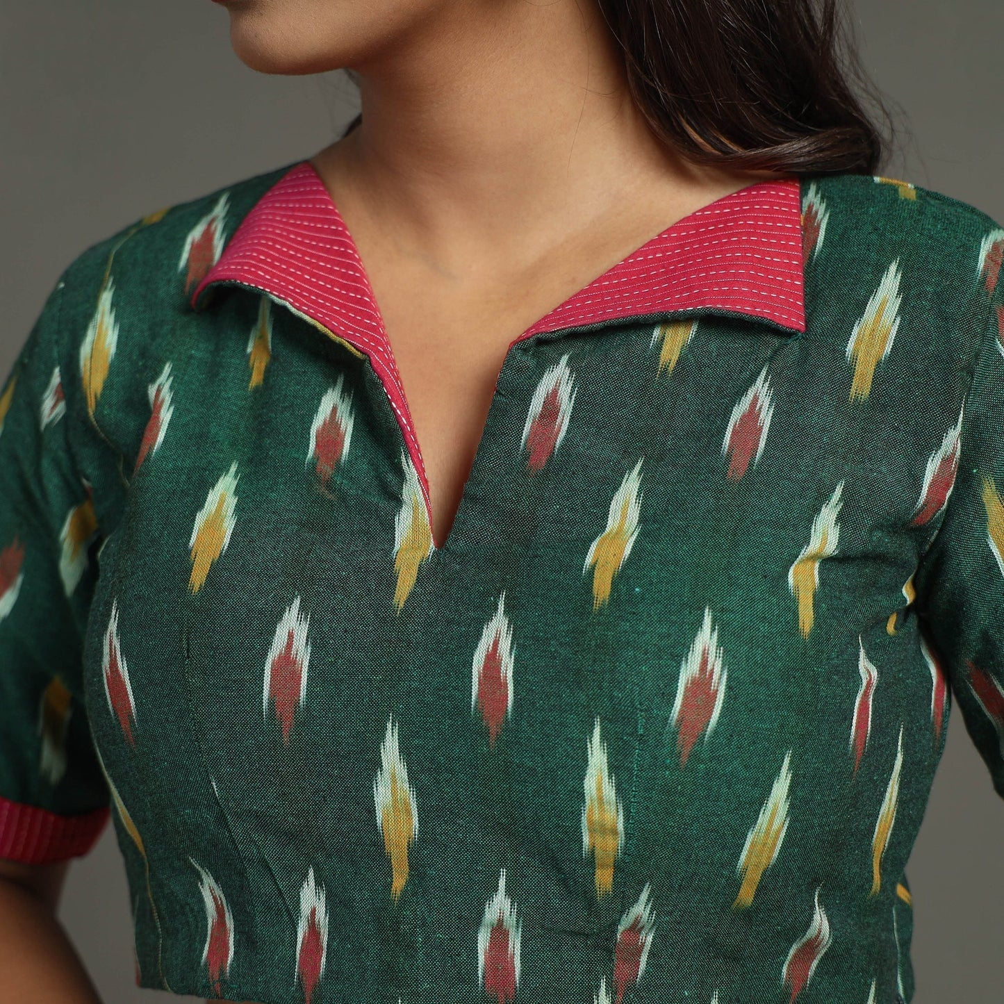 Green - Pochampally Cotton Stitched Ikat Blouse 09