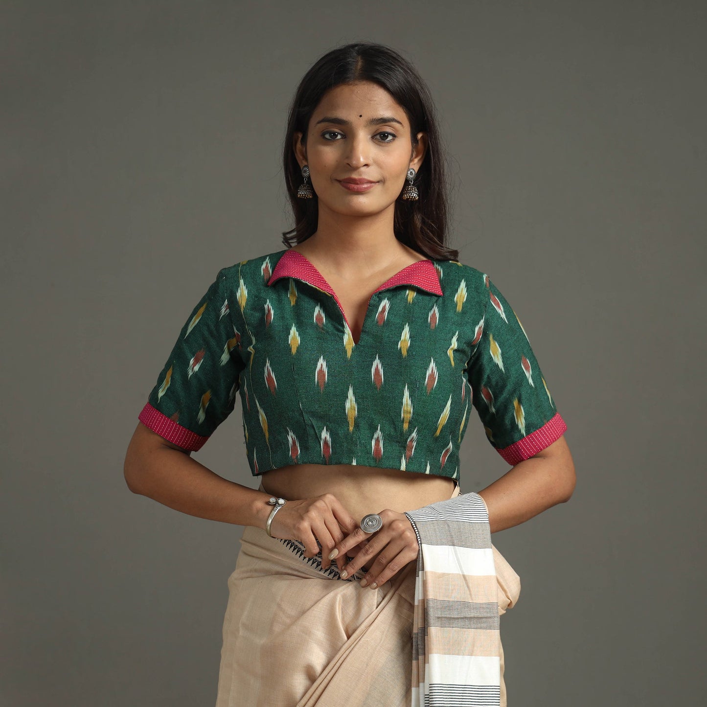 Green - Pochampally Cotton Stitched Ikat Blouse 09