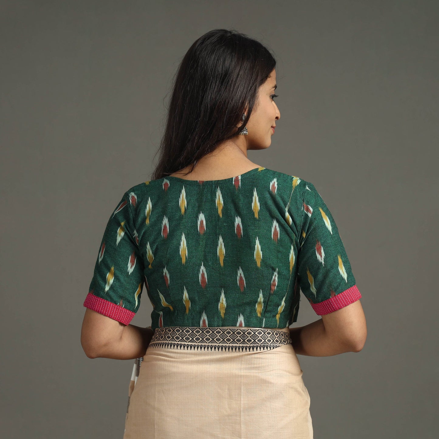 Green - Pochampally Cotton Stitched Ikat Blouse 09