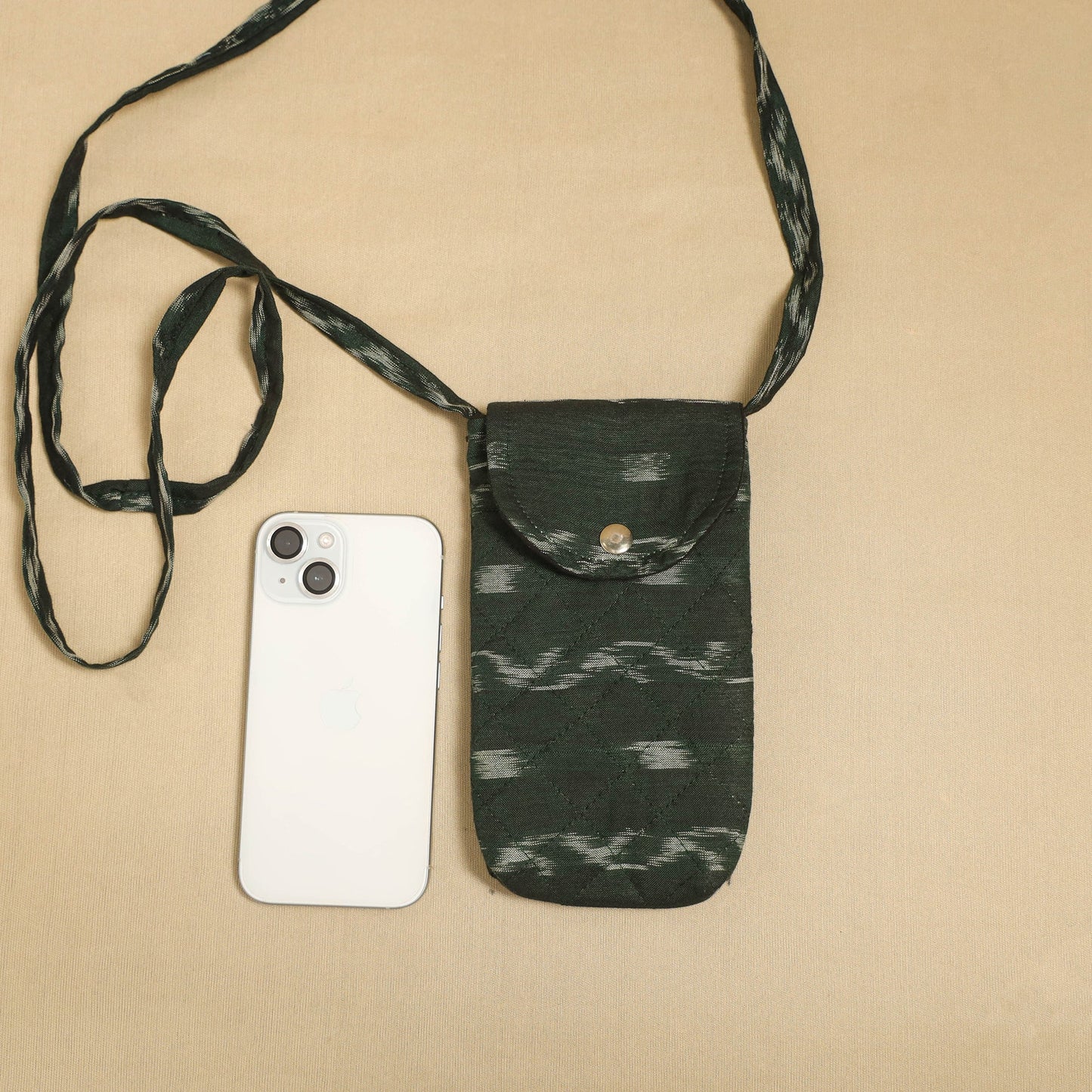 Green Pochampally Ikat Cotton Sling Mobile Pouch