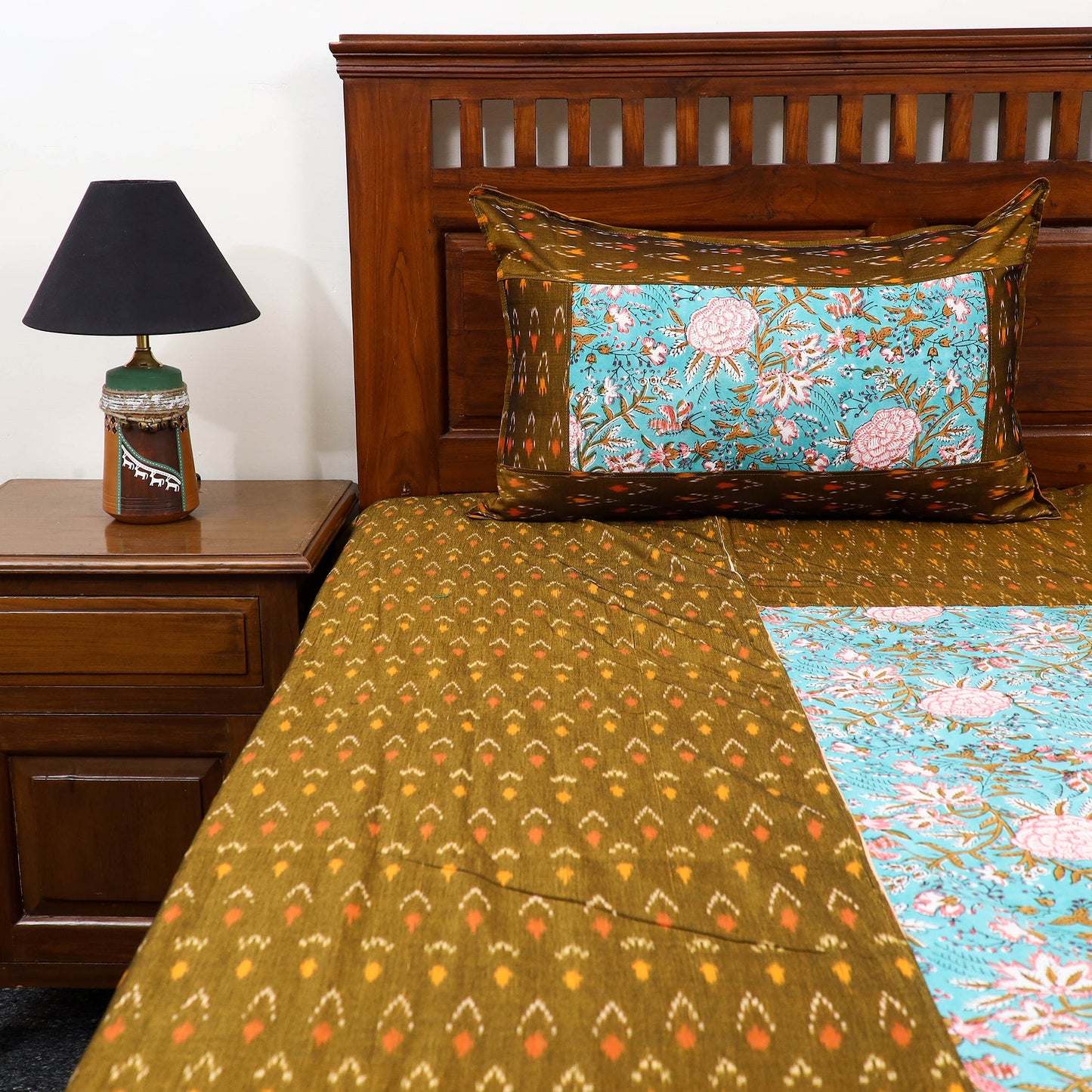 Buy Pochampally Ikat with Sanganeri Patch Cotton Bedsheet Set