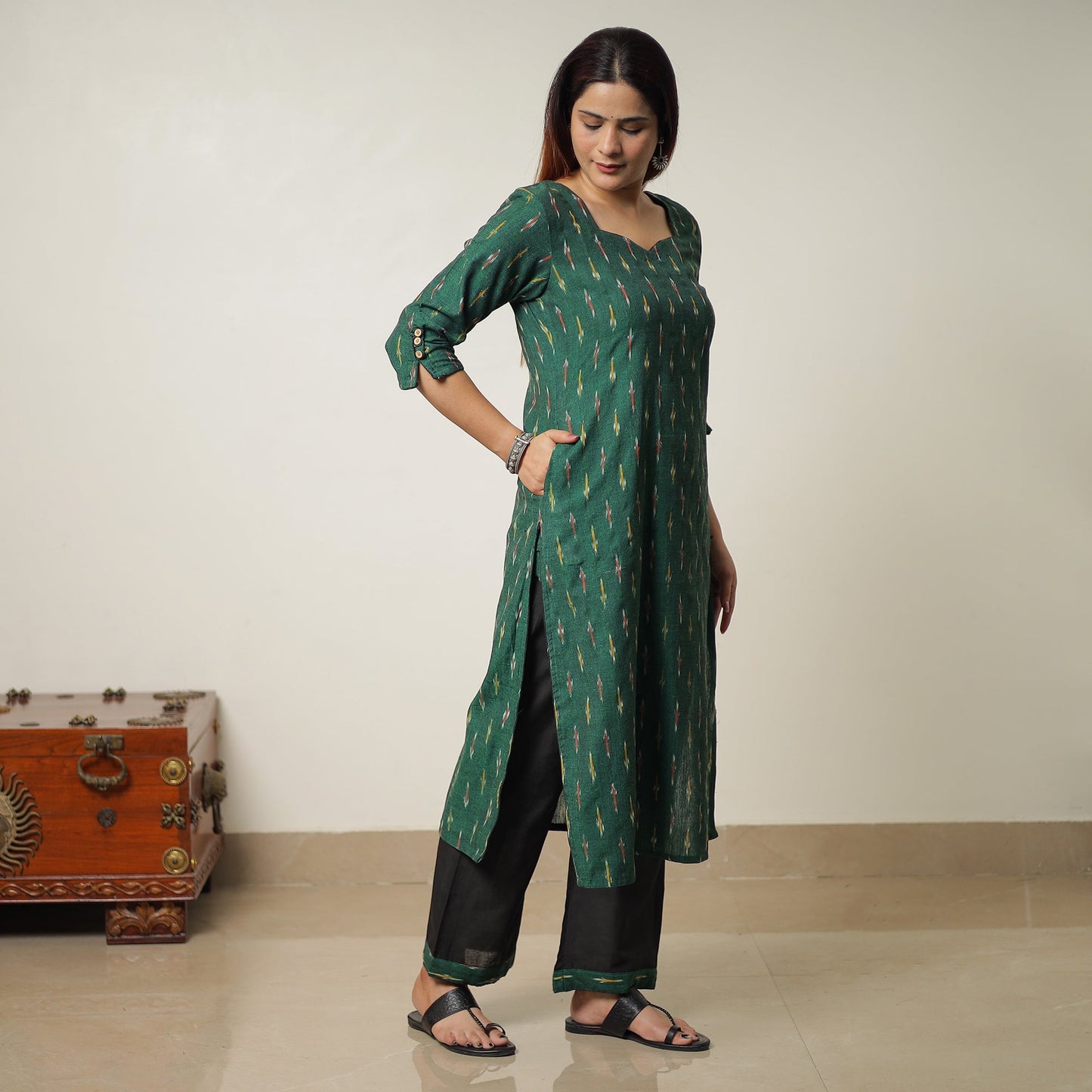 Pochampally Ikat Weave Cotton Kurta with Palazzo & Dupatta Set 01