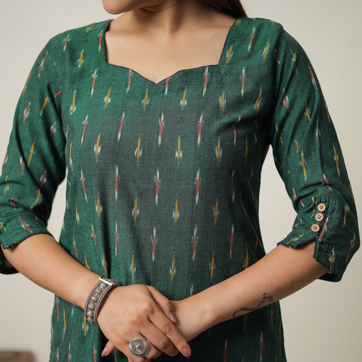 Pochampally Ikat Weave Cotton Kurta with Palazzo & Dupatta Set 01