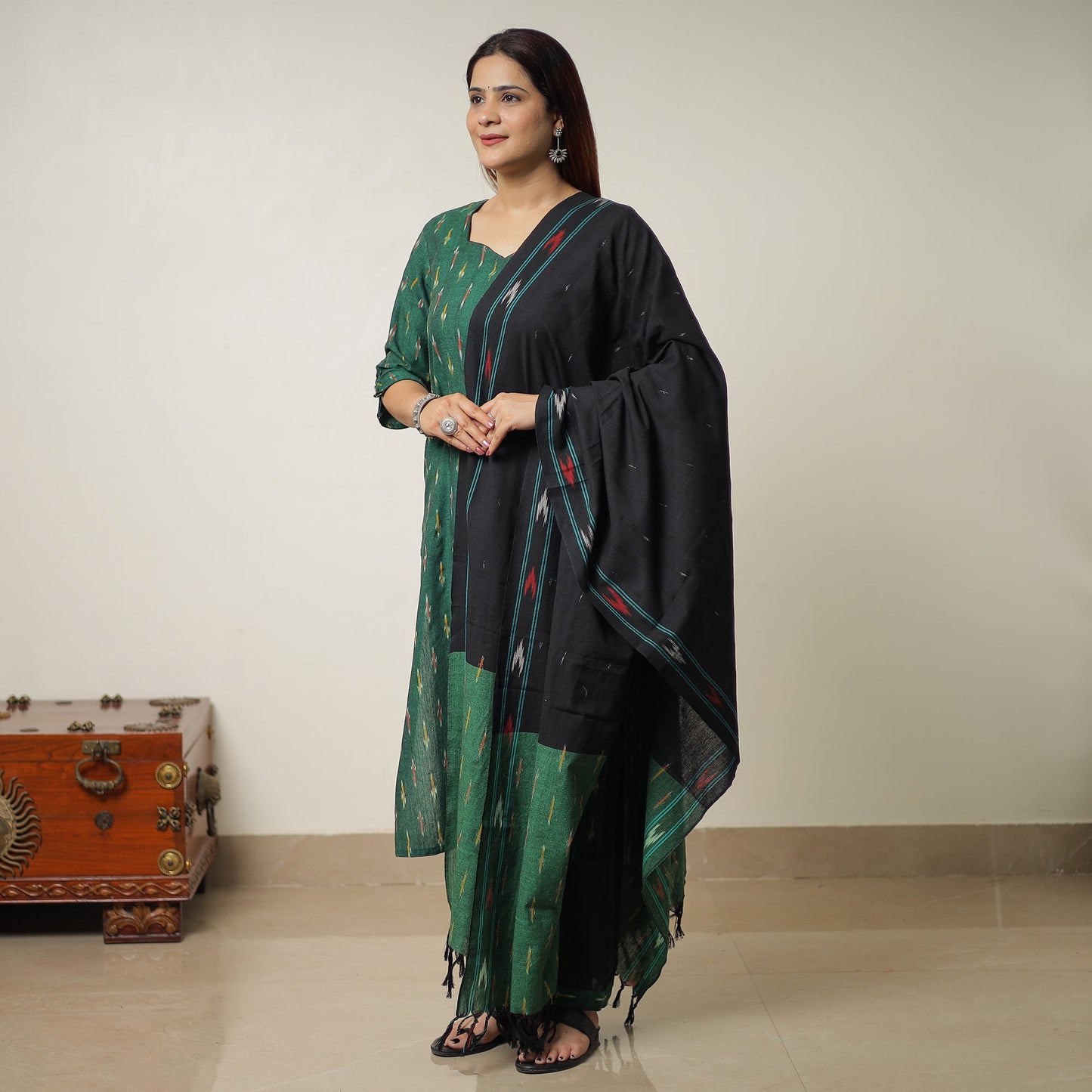 Pochampally Ikat Weave Cotton Kurta with Palazzo & Dupatta Set 01