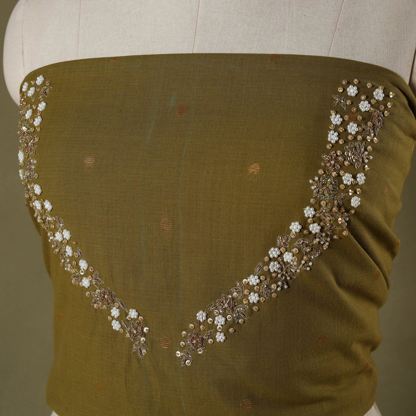 Green Polka Dot Hand Embroidery Cotton Blouse Piece