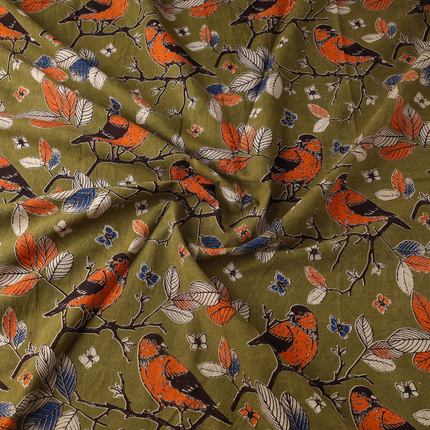 Green Printed Cotton Kalamkari Fabric