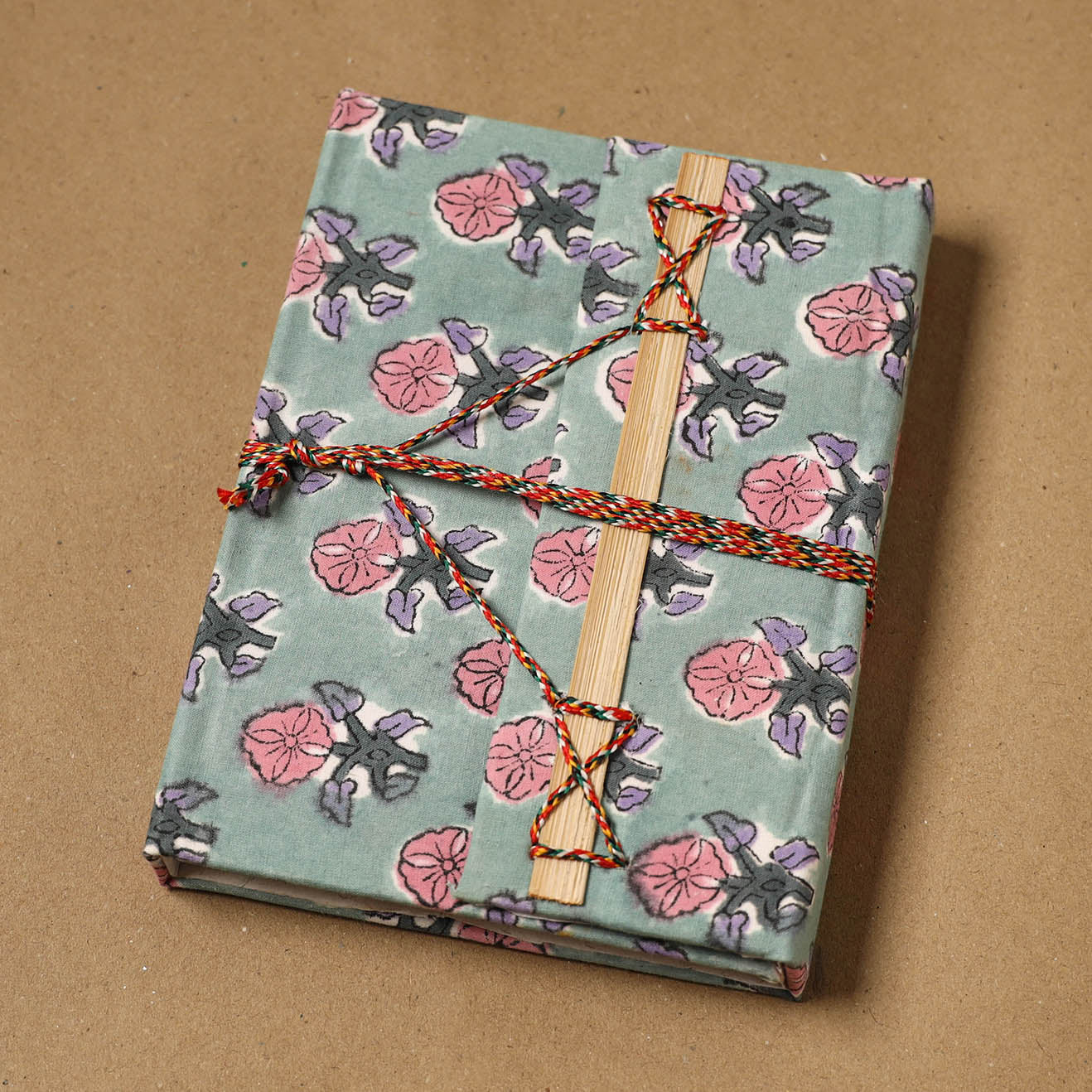 Printed fabric cover handmade paper notebook with thread