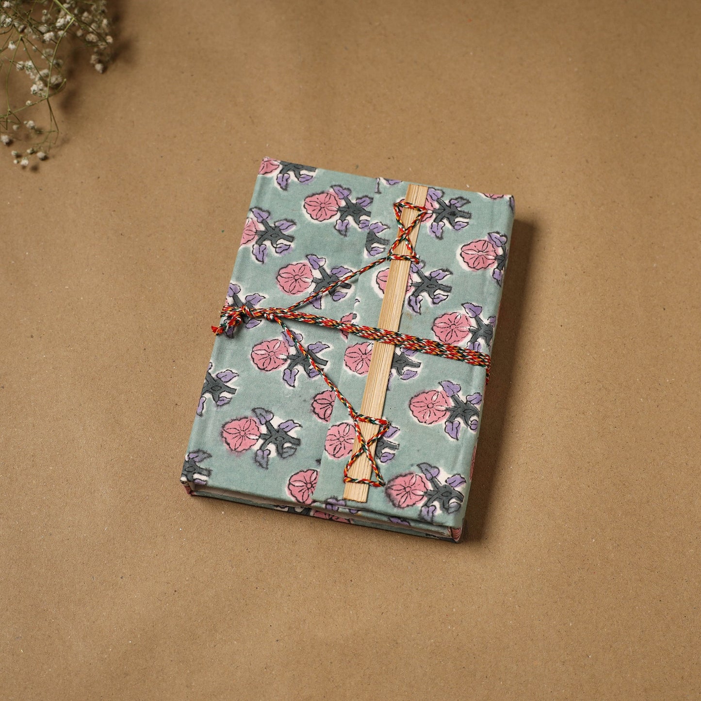Printed fabric cover handmade paper notebook with thread