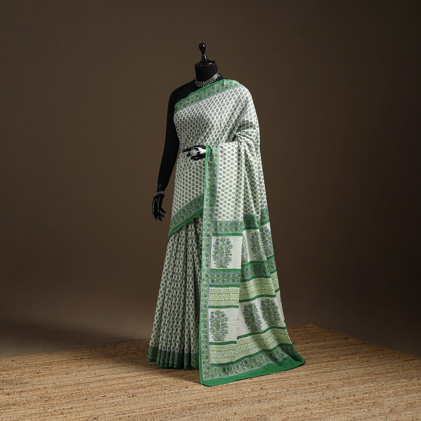 Green - printed mul cotton sanganeri saree - handcrafted