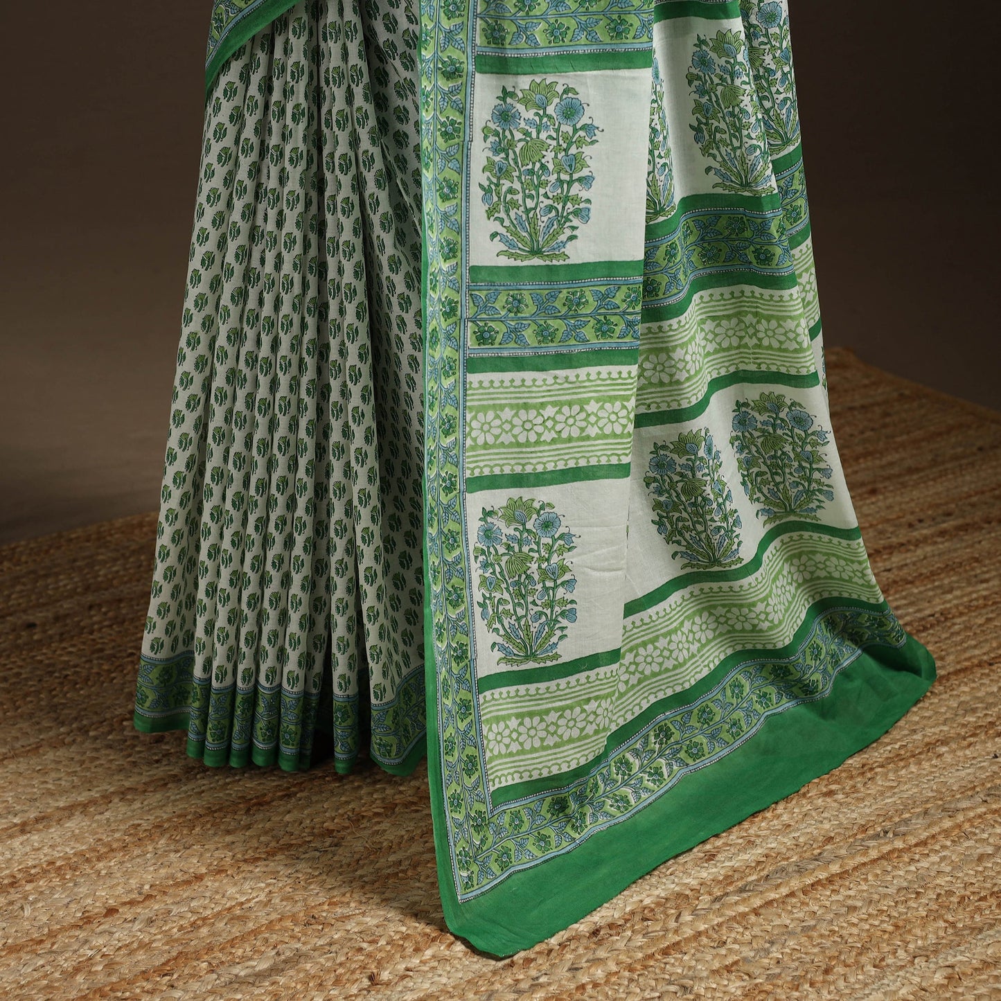 Green - printed mul cotton sanganeri saree - handcrafted
