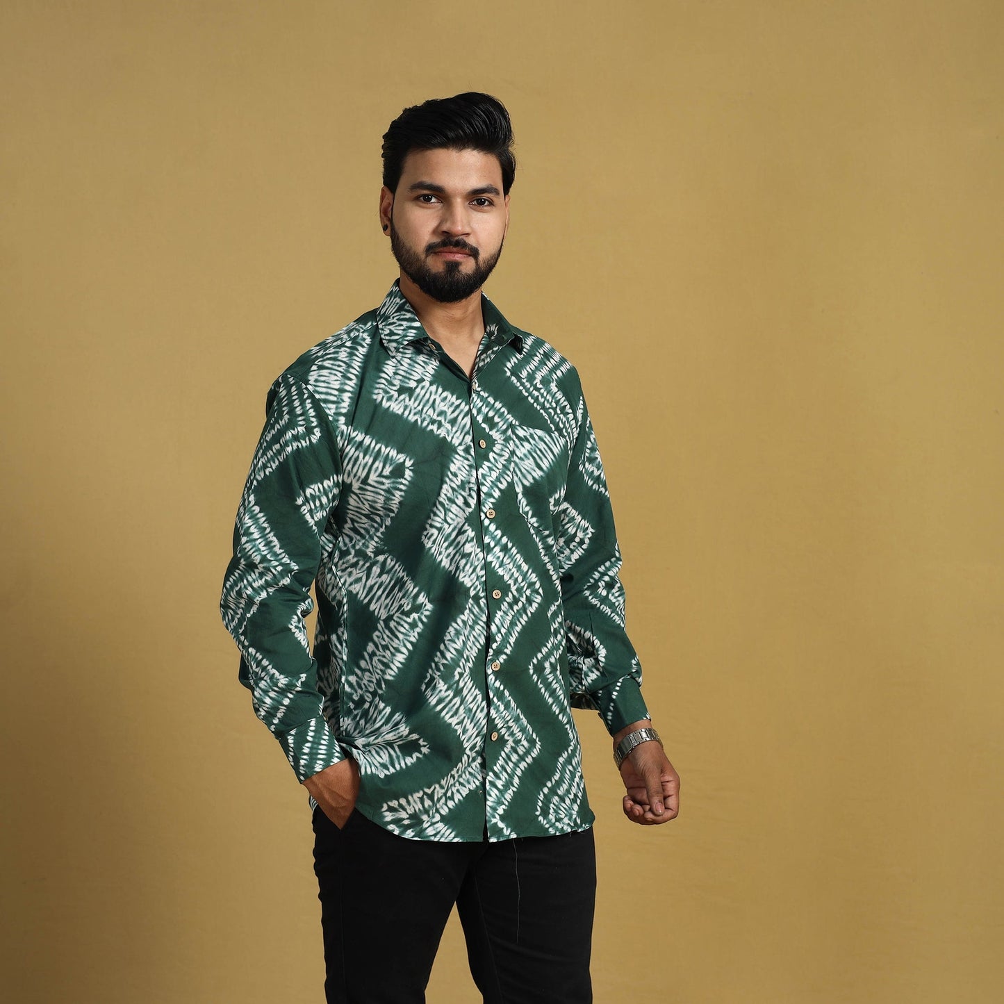 Buy Green Full Sleeve Tie & Dye Cotton Men Shibori Shirt