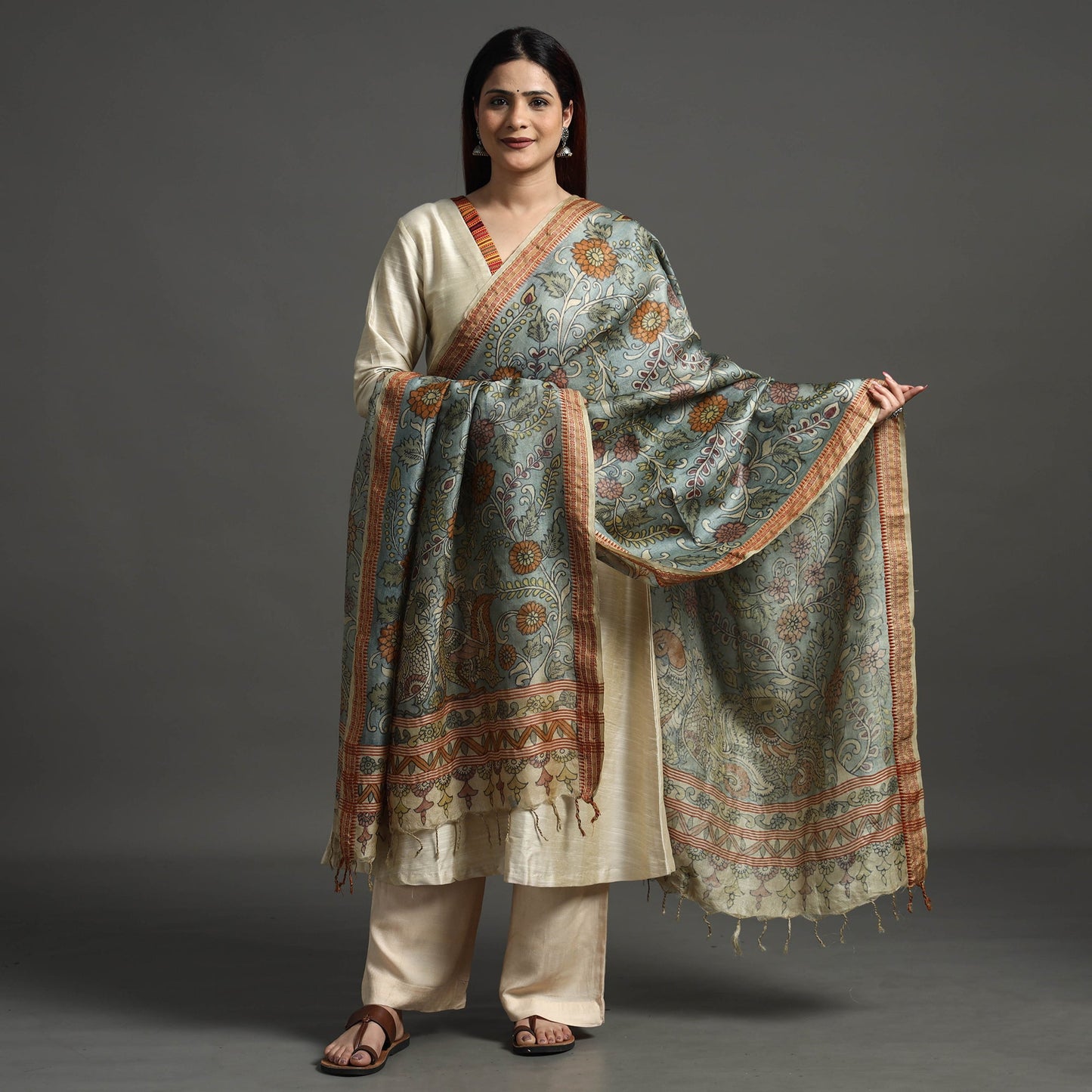 Pure Tussar Silk Pen Work Srikalahasti Kalamkari Dupatta with Dobby Border