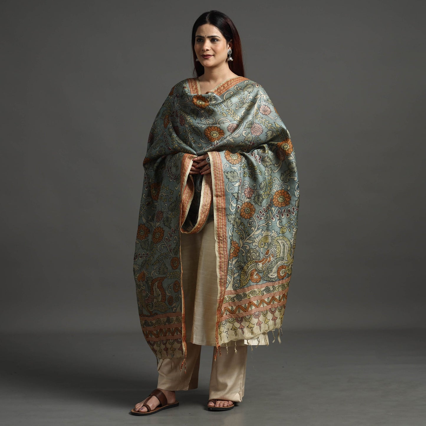 Pure Tussar Silk Pen Work Srikalahasti Kalamkari Dupatta with Dobby Border