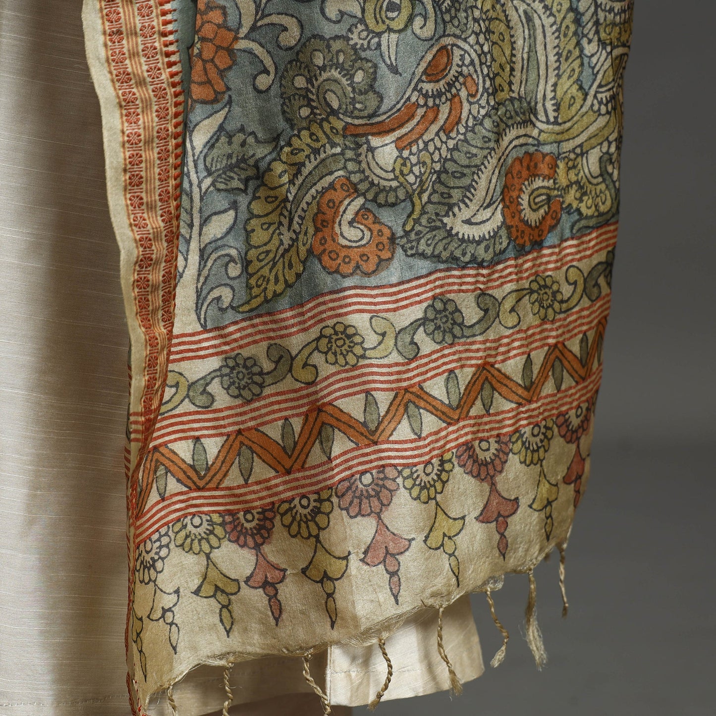 Pure Tussar Silk Pen Work Srikalahasti Kalamkari Dupatta with Dobby Border