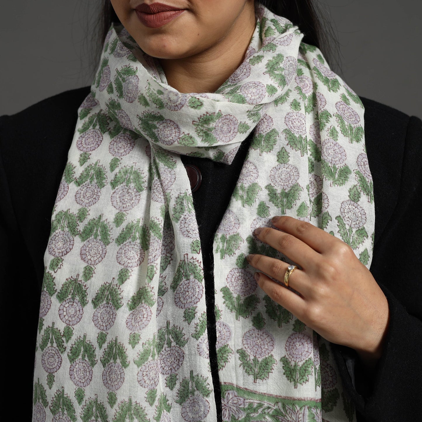 Pure Wool Block Print Green Sanganeri Stole