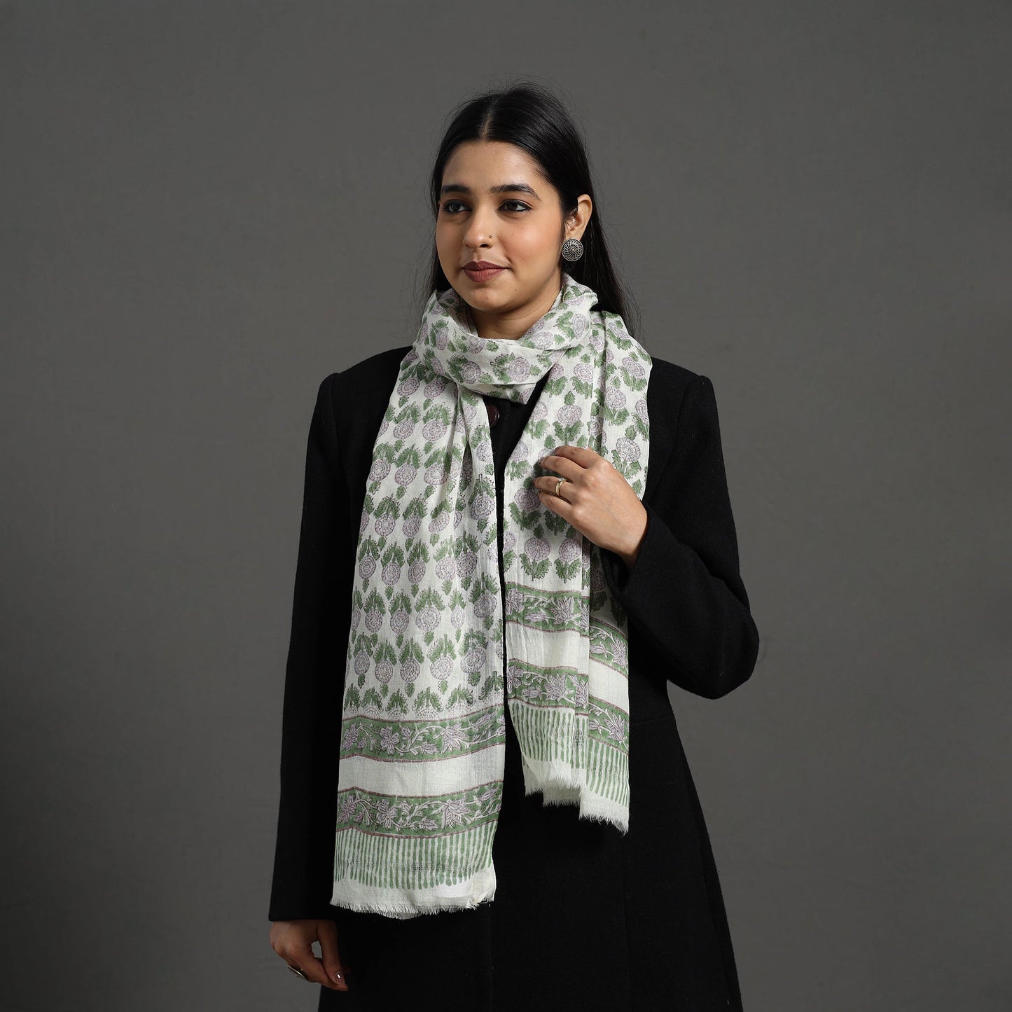 Pure Wool Block Print Green Sanganeri Stole