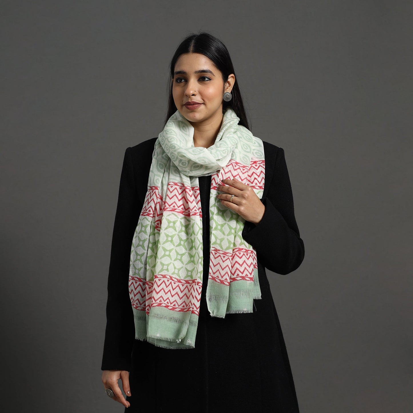 Pure Wool Block Print Green Sanganeri Stole