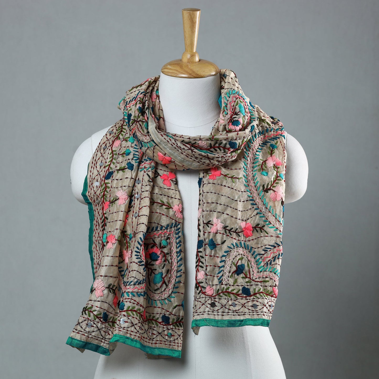 Green Ranihati Chapa Work Embroidery Chanderi Silk Stole