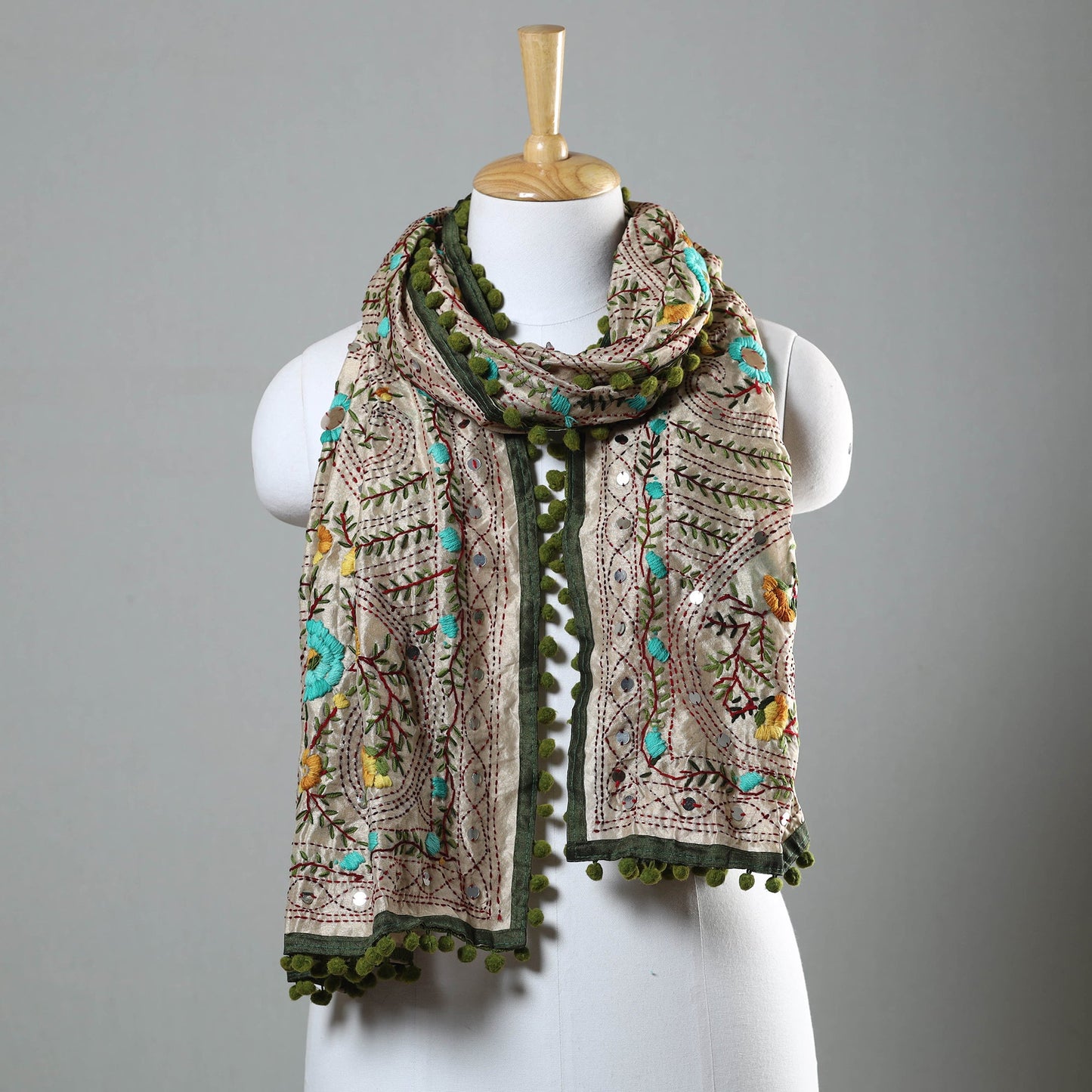 Green Ranihati Chapa Work Embroidery Chanderi Silk Stole with Pom Pom