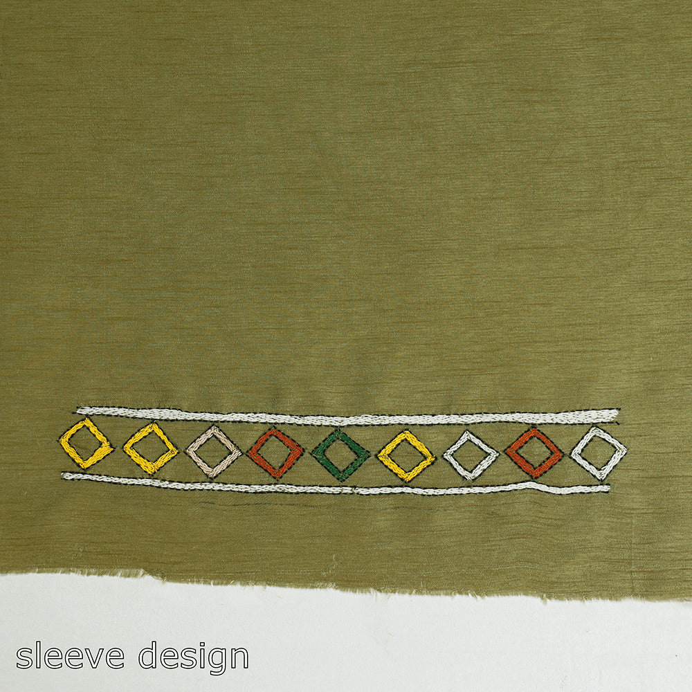 Green Bengal Kantha Embroidered Raw Silk Blouse Piece