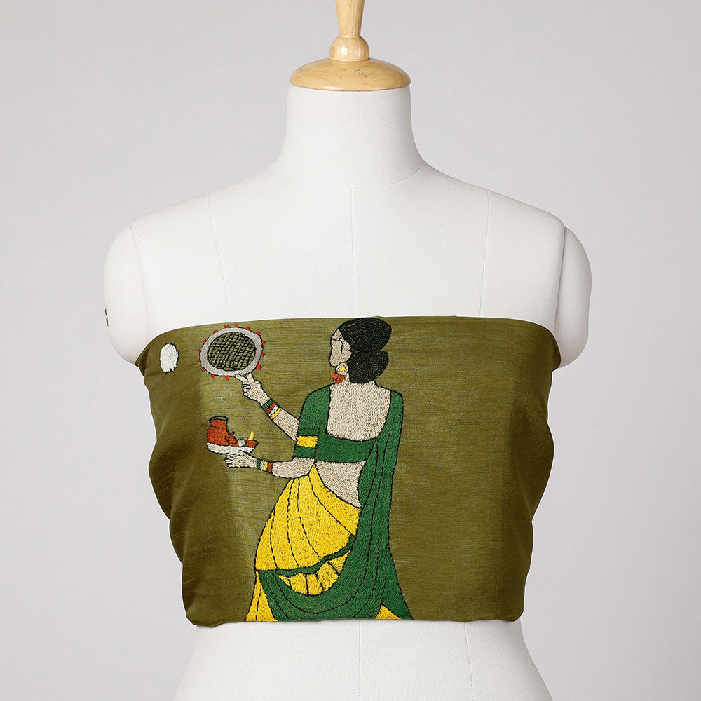 Green Bengal Kantha Embroidered Raw Silk Blouse Piece