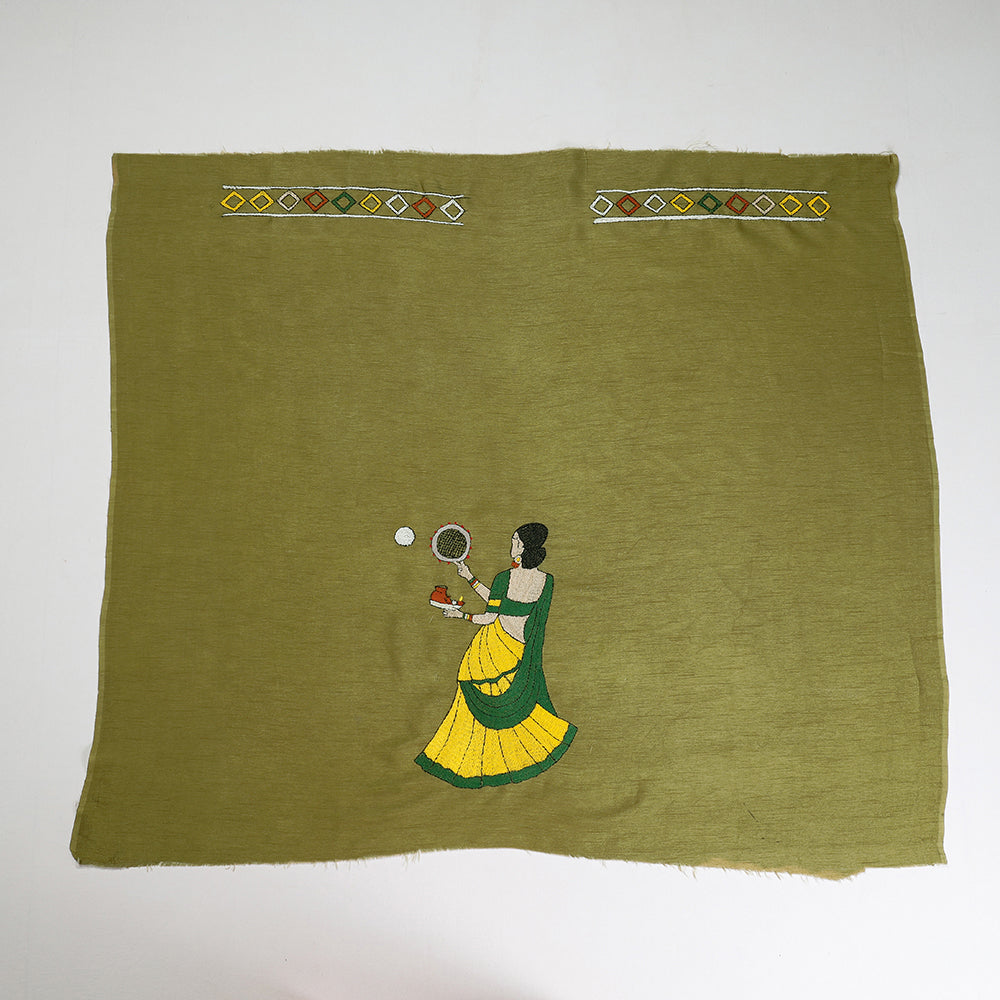 Green Bengal Kantha Embroidered Raw Silk Blouse Piece