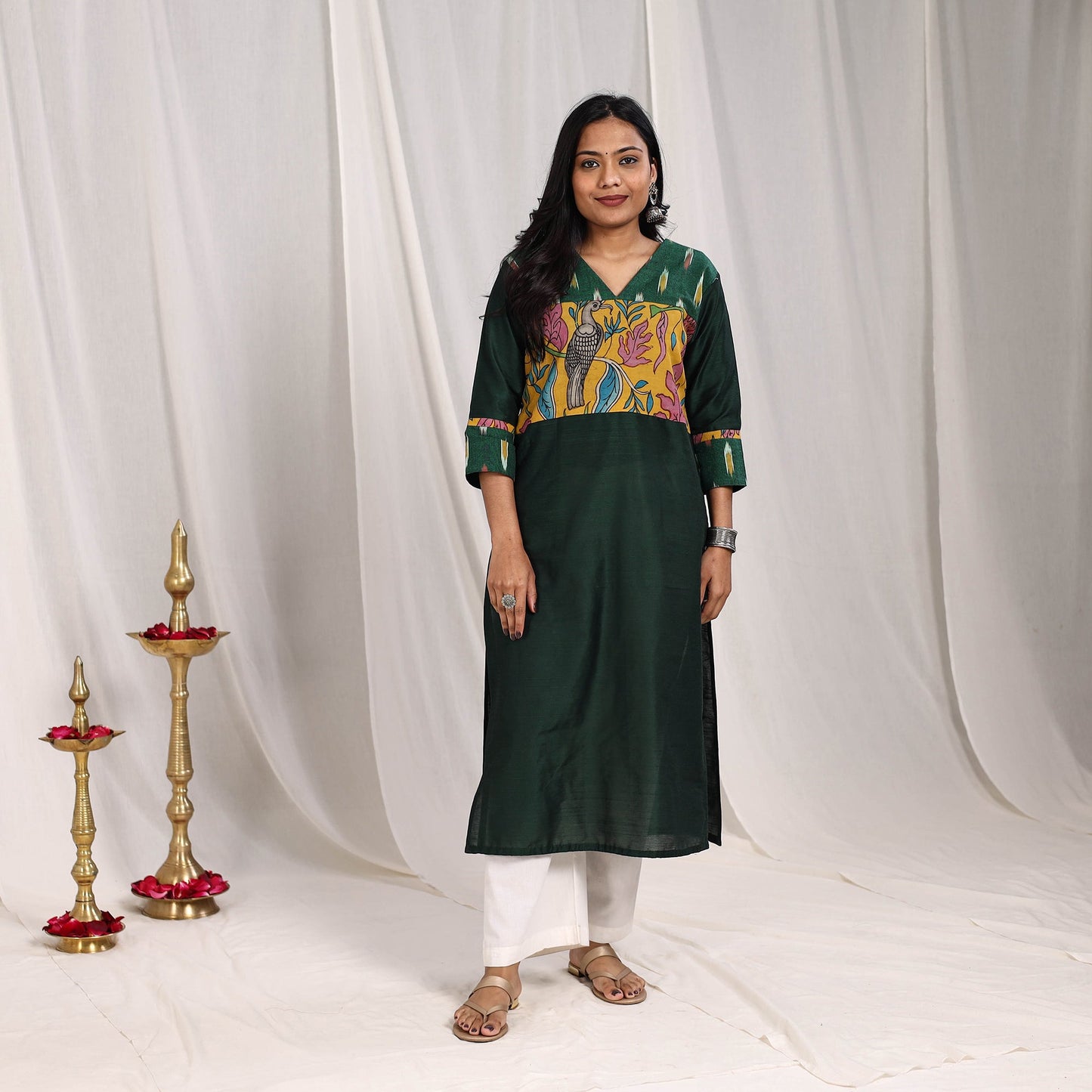 Green Rubina Slub Silk Straight Plain Kurta with Patchwork